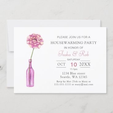 Pink Peony Glass Bottle Vase Housewarming Invitation