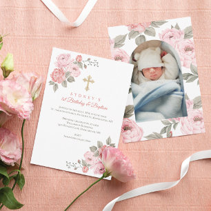 Pink Peony Gold Cross Baby's 1st Birthday Baptism Invitation