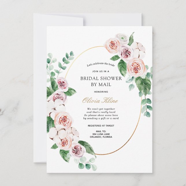 Pink Peony Gold Frame Bridal Shower by Mail Invitation (Front)