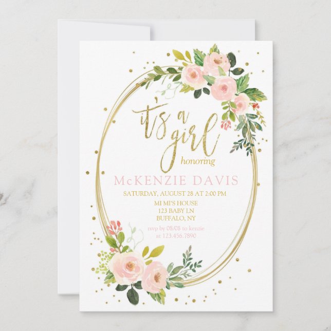 Pink Peony Gold Geometric Glitter Girl Baby Shower Invitation (Front)