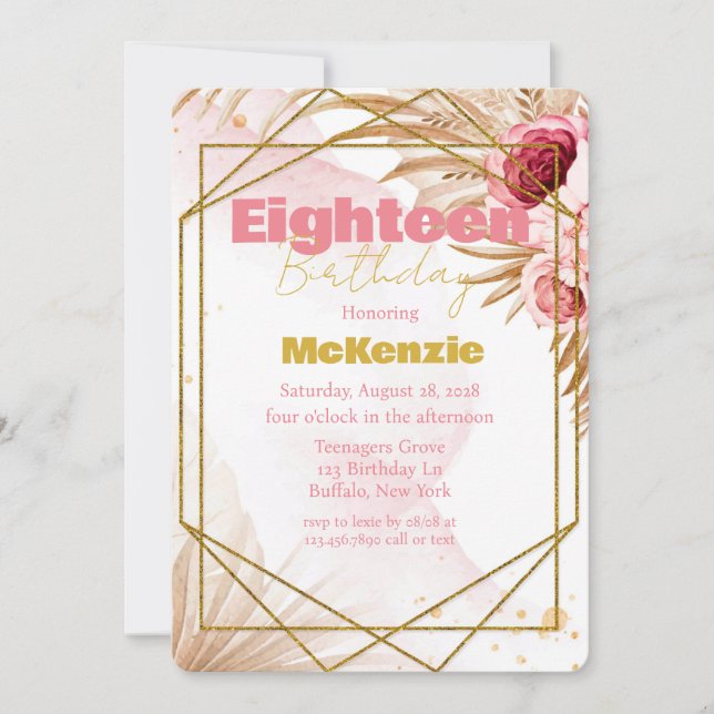 Pink Peony Gold Glitter 18th Birthday Party Invitation (Front)
