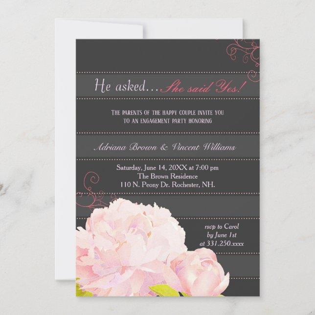Pink Peony Gray Stripes Wedding Engagement Invitation (Front)