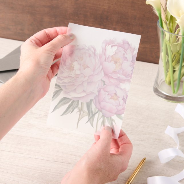 Pink Peony Green Leaves Overlay Vellum Invitations (Handheld)