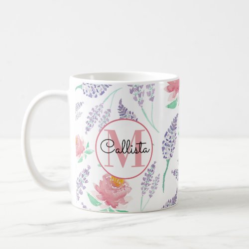 Pink Peony Lavender Floral Watercolor Monogram Coffee Mug