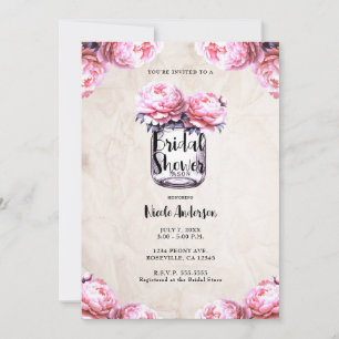 Pink Peony Mason Jar Rustic Bridal Shower  Invitation