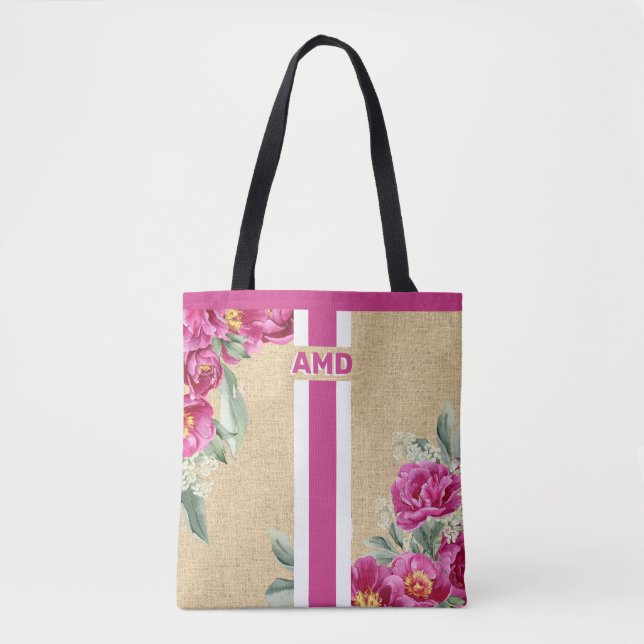 Pink Peony Monogram Faux Burlap Jute Tote Bag (Front)