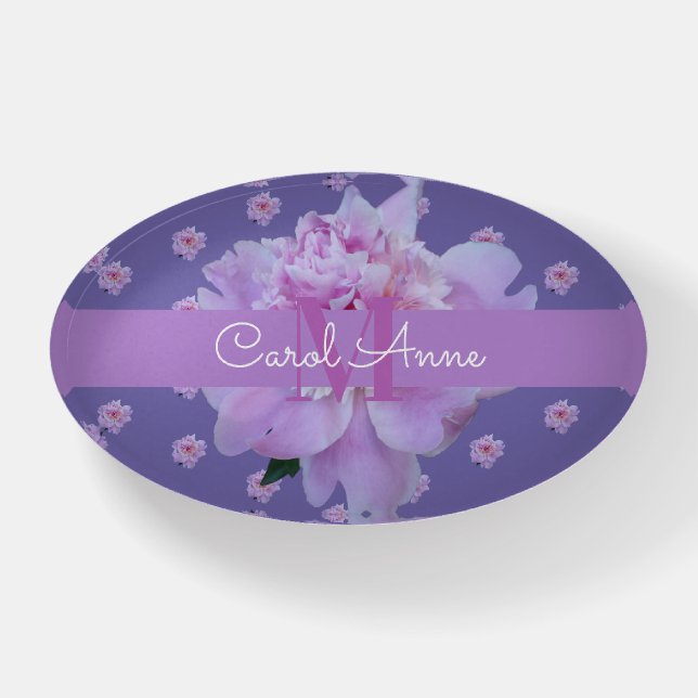 Pink Peony Monogram Floral Purple Paperweight (Front)
