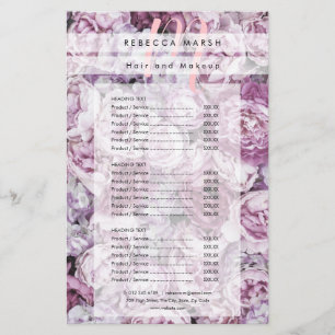 Pink Peony Monogram Salon Service Menu Flyer