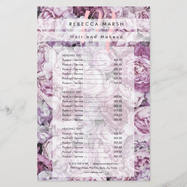 Pink Peony Monogram Salon Service Menu Flyer (Front)