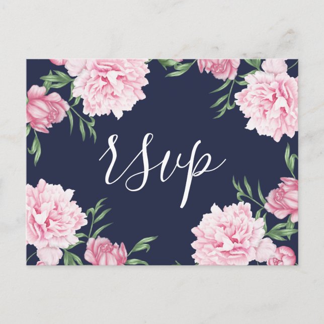 Pink Peony & Navy Background | RSVP Invitation Postcard (Front)
