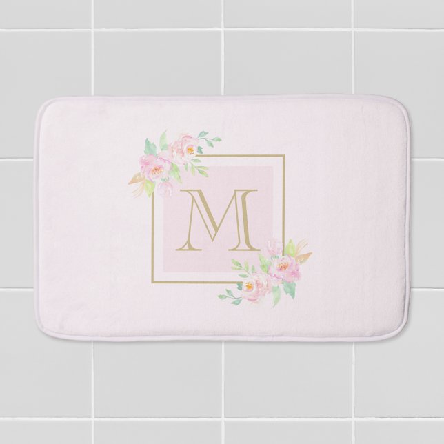 Pink Peony Personalized Monogram Bath Mat (Creator Uploaded)