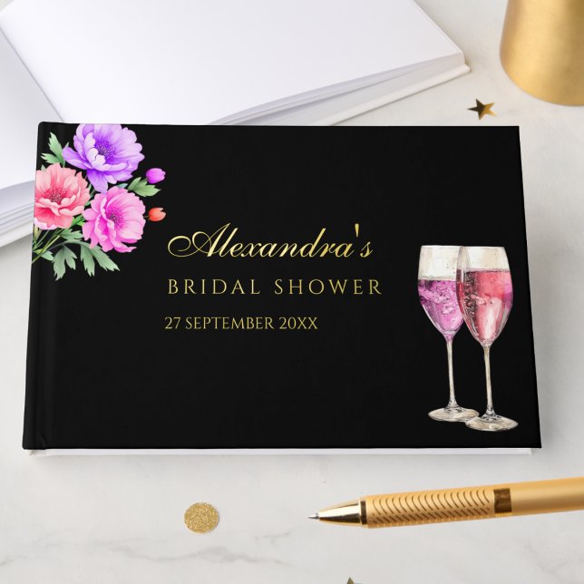 Pink Peony Petals and Prosecco Bridal Shower Foil Guest Book (Creator Uploaded)