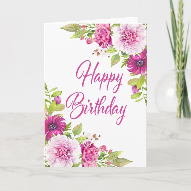 Pink Peony Purple Daisy Summer Happy Birthday Card (Front)
