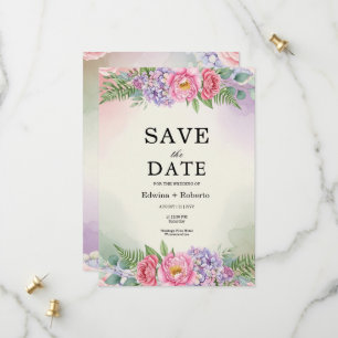 Pink Peony Purple Hydrangea Floral Save the Date 