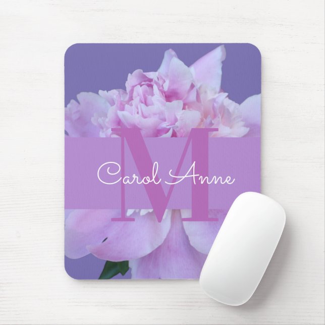 Pink Peony Purple Monogram Floral Photo Mouse Pad (With Mouse)