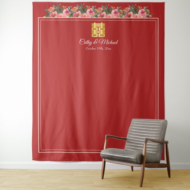 Pink peony red modern chinese wedding backdrop (In Situ)