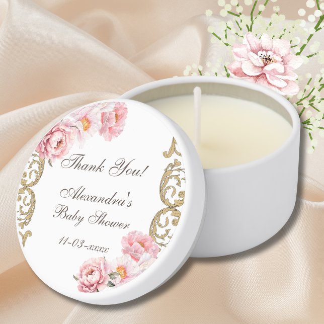 Pink Peony Rococo Floral Baby Shower Thank You Mini Candle Favors (Creator Uploaded)