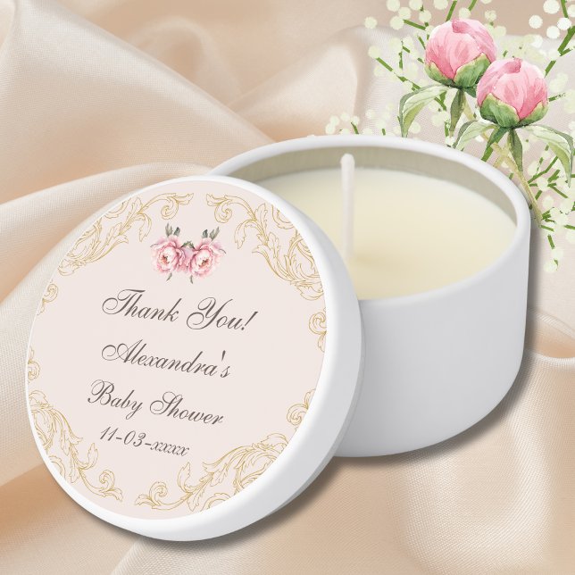 Pink Peony Rococo Flowers Baby Shower Thank You Mini Candle Favors (Creator Uploaded)