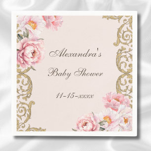 Pink Peony Rococo Vintage Floral Baby Shower Napkins