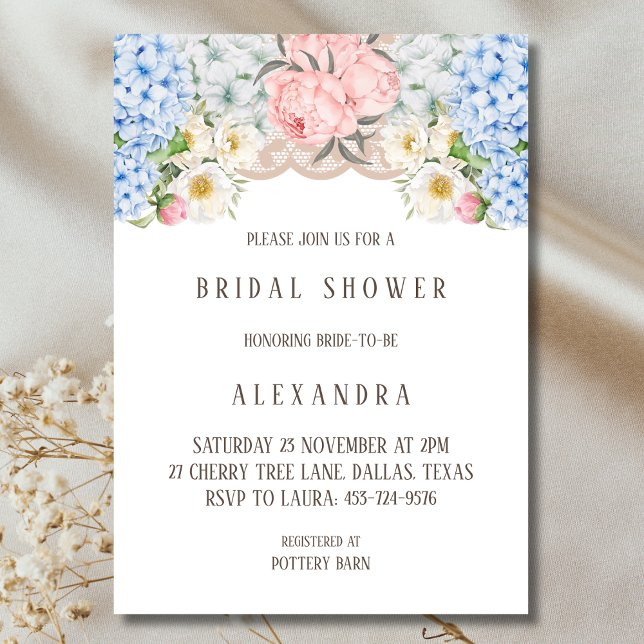 Pink Peony Romantic Blue Hydrangea Bridal Shower I Invitation (Creator Uploaded)