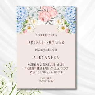 Pink Peony Romantic Blue Hydrangea Bridal Shower Invitation