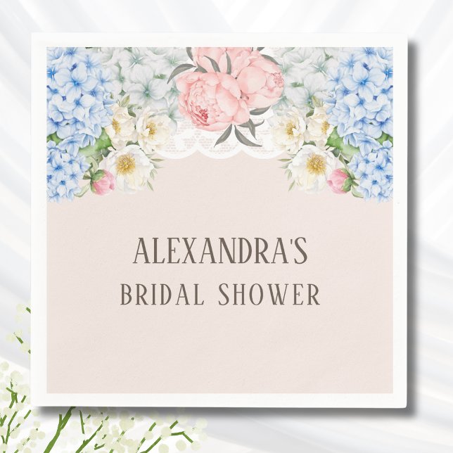Pink Peony Romantic Blue Hydrangea Bridal Shower Napkins (Creator Uploaded)