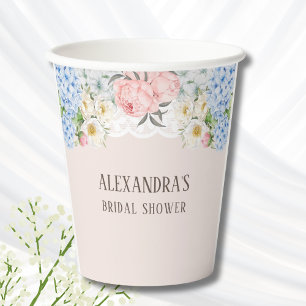 Pink Peony Romantic Blue Hydrangea Bridal Shower Paper Cups