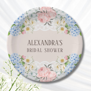 Pink Peony Romantic Blue Hydrangea Bridal Shower Paper Plates