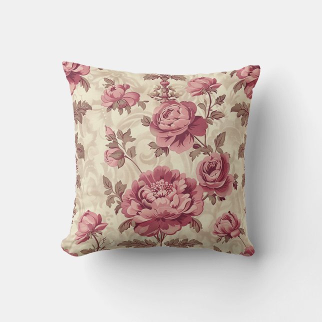 Pink Peony Rose Blossom Farm Style Botanical  Throw Pillow (Front)