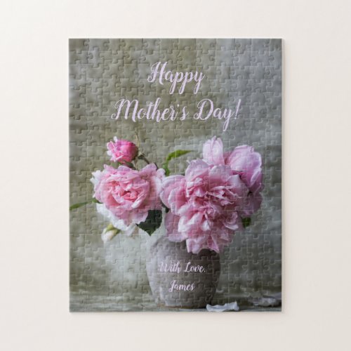 Pink Peony Rose Flowers Custom Text Floral Jigsaw Puzzle