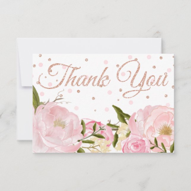 Pink Peony Rose Gold Baby Shower Thank You Card (Front)