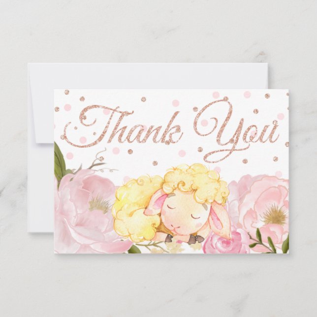 Pink Peony Rose Gold Sheep Baby Shower Thank You (Front)