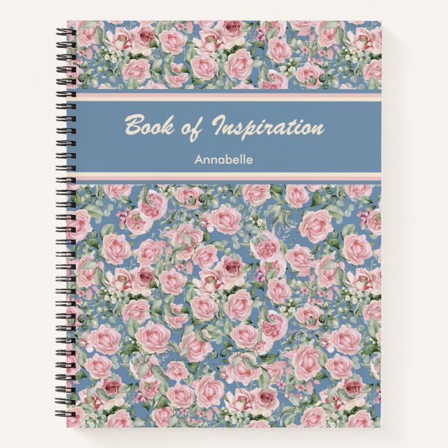 Pink Peony Rose Personalized Custom Name  Notebook (Front)