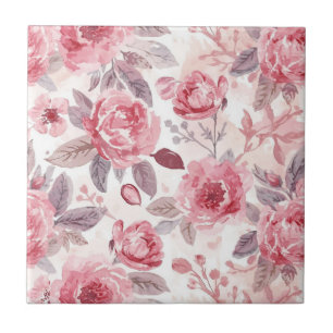 Pink Peony Rose Watercolor Floral Garden Ceramic Tile
