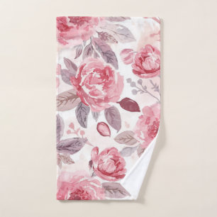 Pink Peony Rose Watercolor Floral Garden Hand Towel