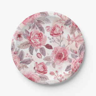 Pink Peony Rose Watercolor Floral Garden Paper Plates