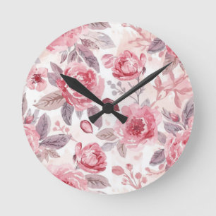Pink Peony Rose Watercolor Floral Garden Round Clock