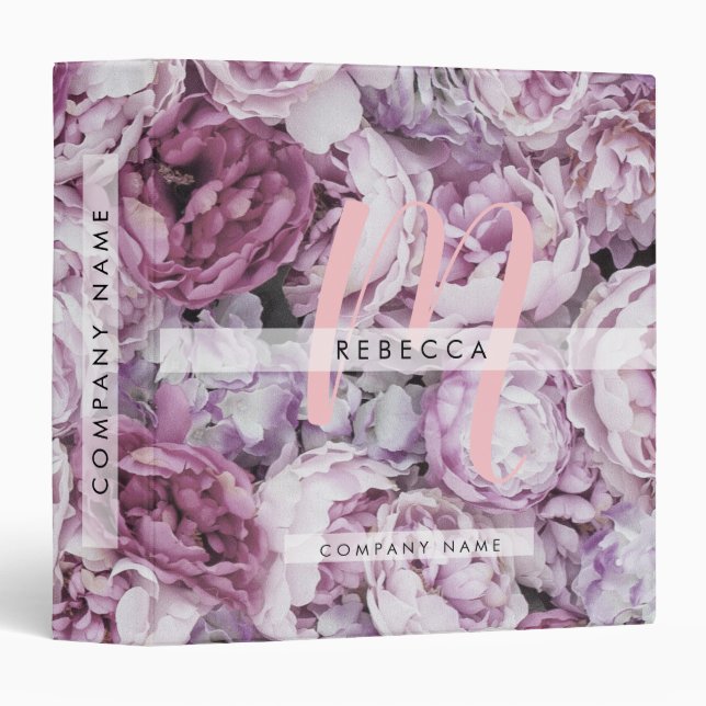 Pink Peony Roses Floral Script Monogram 3 Ring Binder (Front/Spine)