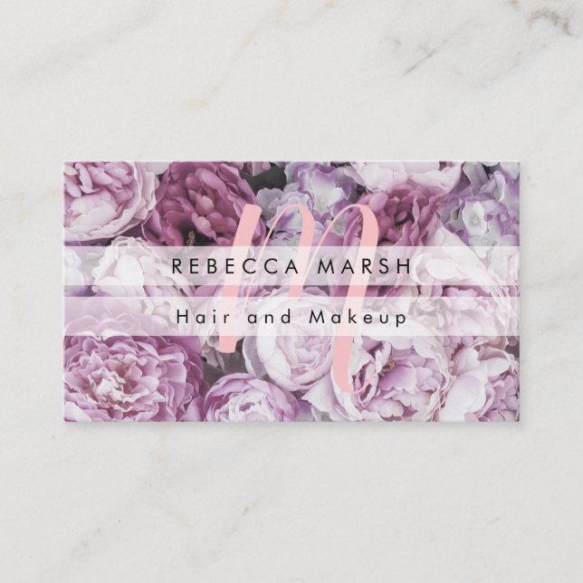 Pink Peony Roses Floral Script Monogram Business Card (Front)