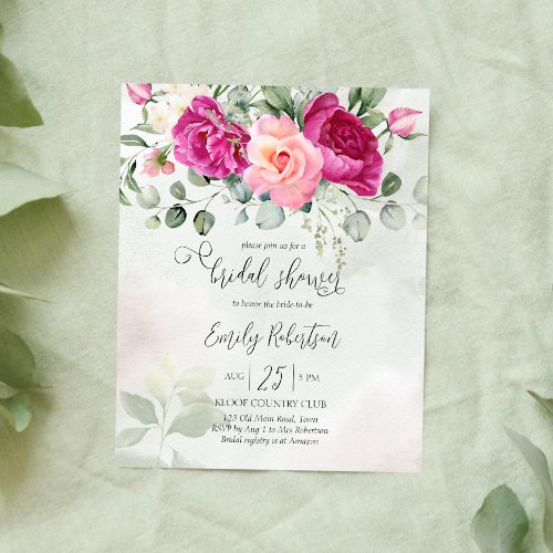 Pink peony roses greenery bridal shower invite