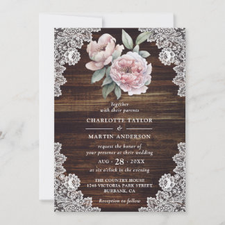Pink Peony Rustic Wood Lace Floral Wedding Invitation