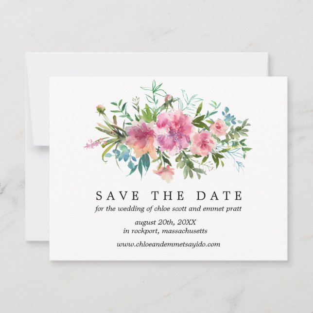 Pink Peony Save the Date Card with Photo Back (Front)