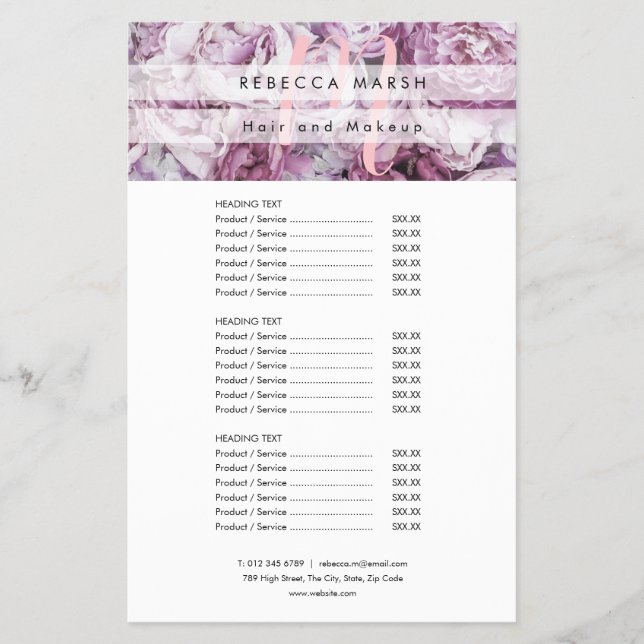 Pink Peony Script Monogram Salon Service Menu Flyer (Front)