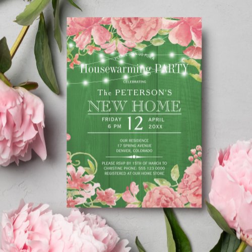Pink peony string lights spring housewarming party invitation