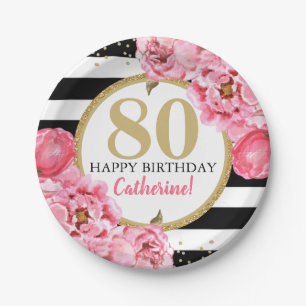 Pink Peony Striped Milestone Birthday Paper Plates