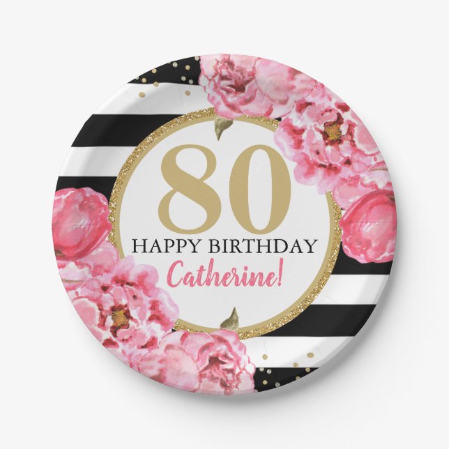 Pink Peony Striped Milestone Birthday Paper Plates (Front)