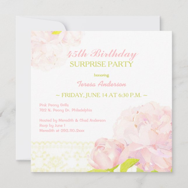 Pink Peony Surprise Birthday Party Invitation (Front)