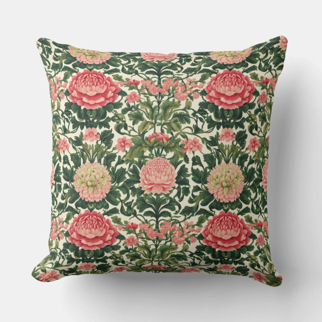 Pink Peony Symmetrical Floral Pattern Throw Pillow (Front)