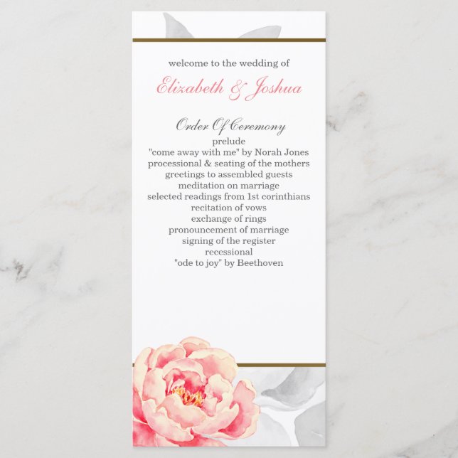 Pink Peony Tea length wedding programs (Front)