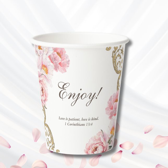 Pink Peony Vintage Christian Bridal Shower  Paper Cups (Creator Uploaded)